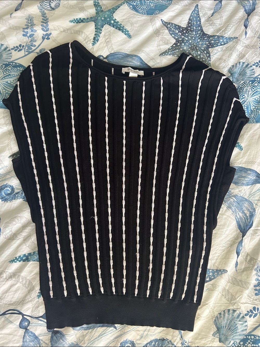 White House Black Market Black Knit Sleeveless Top with White Vertical Stripes